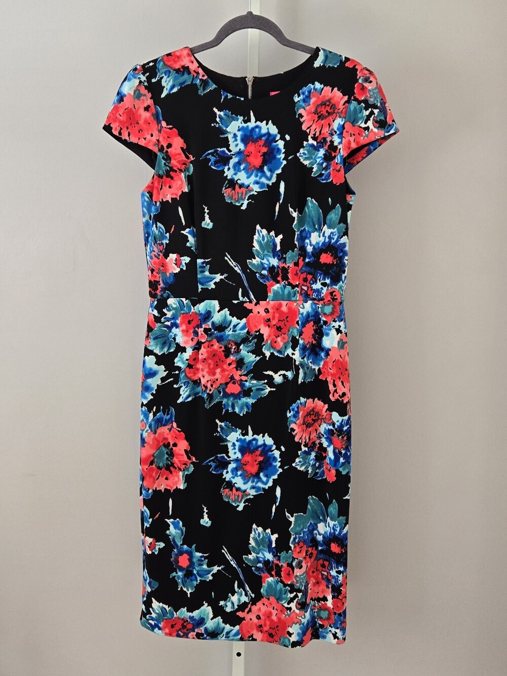 Betsey Johnson Black Midi Dress with Coral & Teal Floral Print
